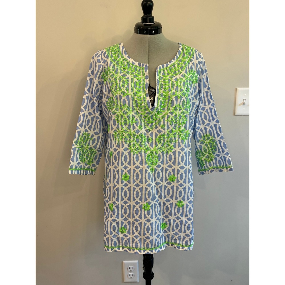 Gretchen Scott Blue White Geometric Embroidered Cotton Tunic Top Medium